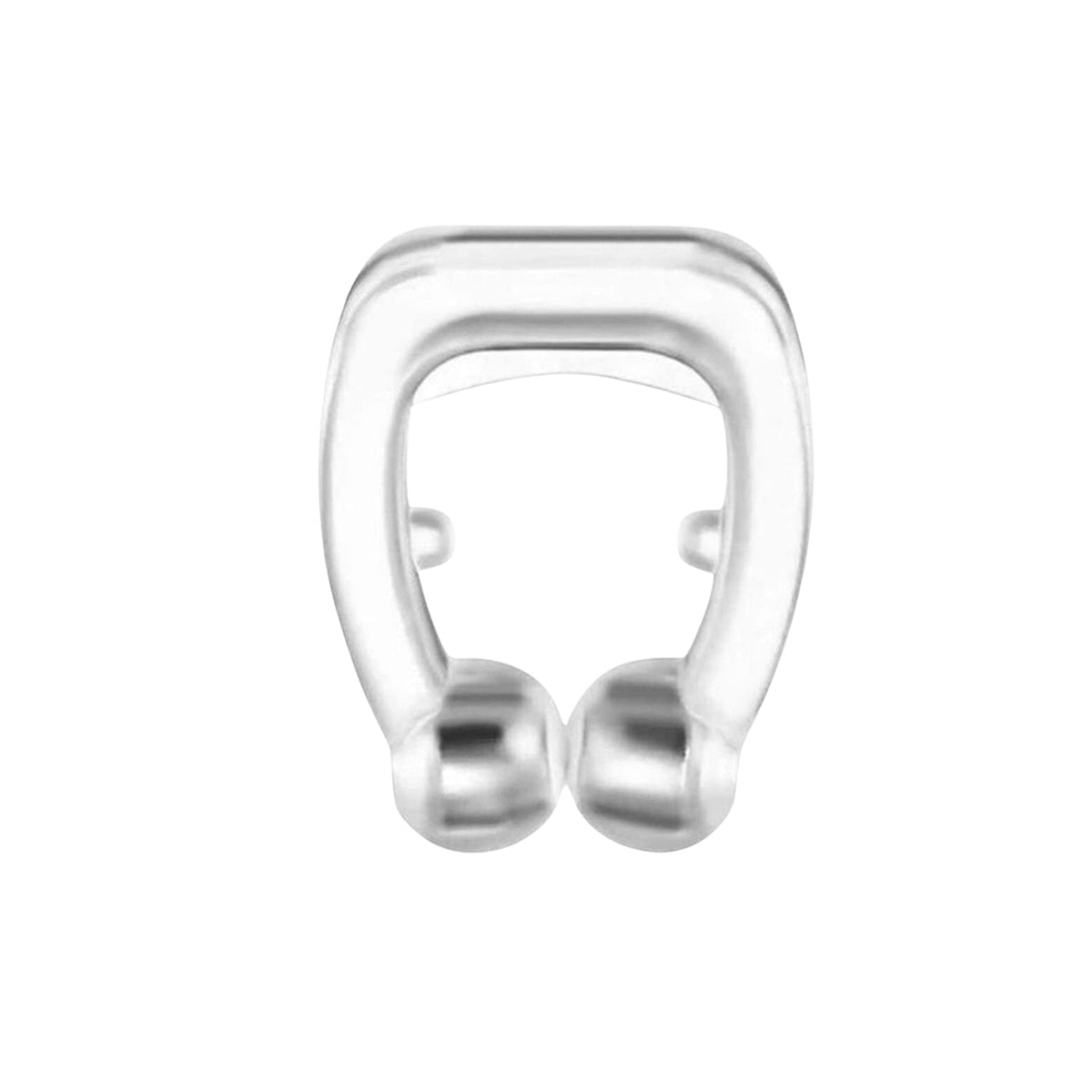 A close-up of a transparent anti-snoring nose clip with silver magnetic ends.