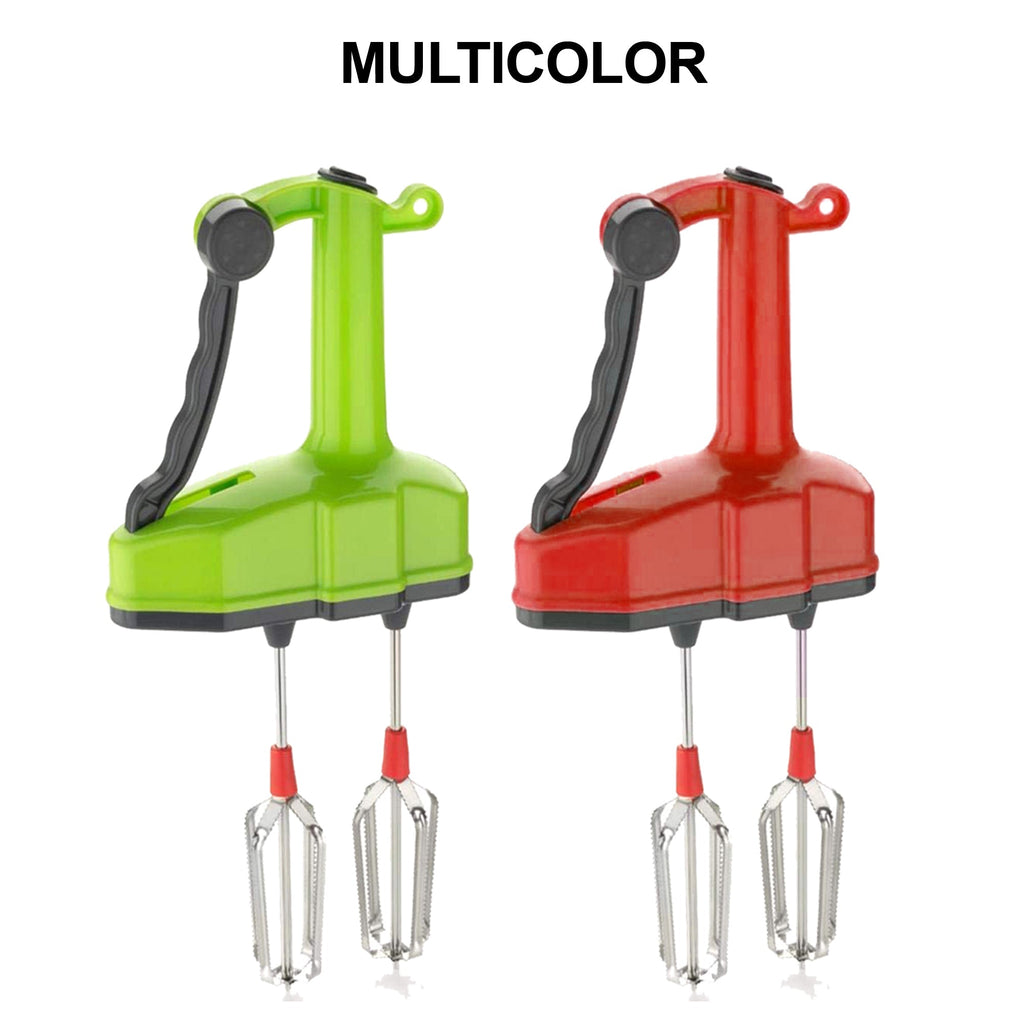 Two manual hand blenders, one green and one red, both with black handles and red-tipped stainless steel whisks, stand side