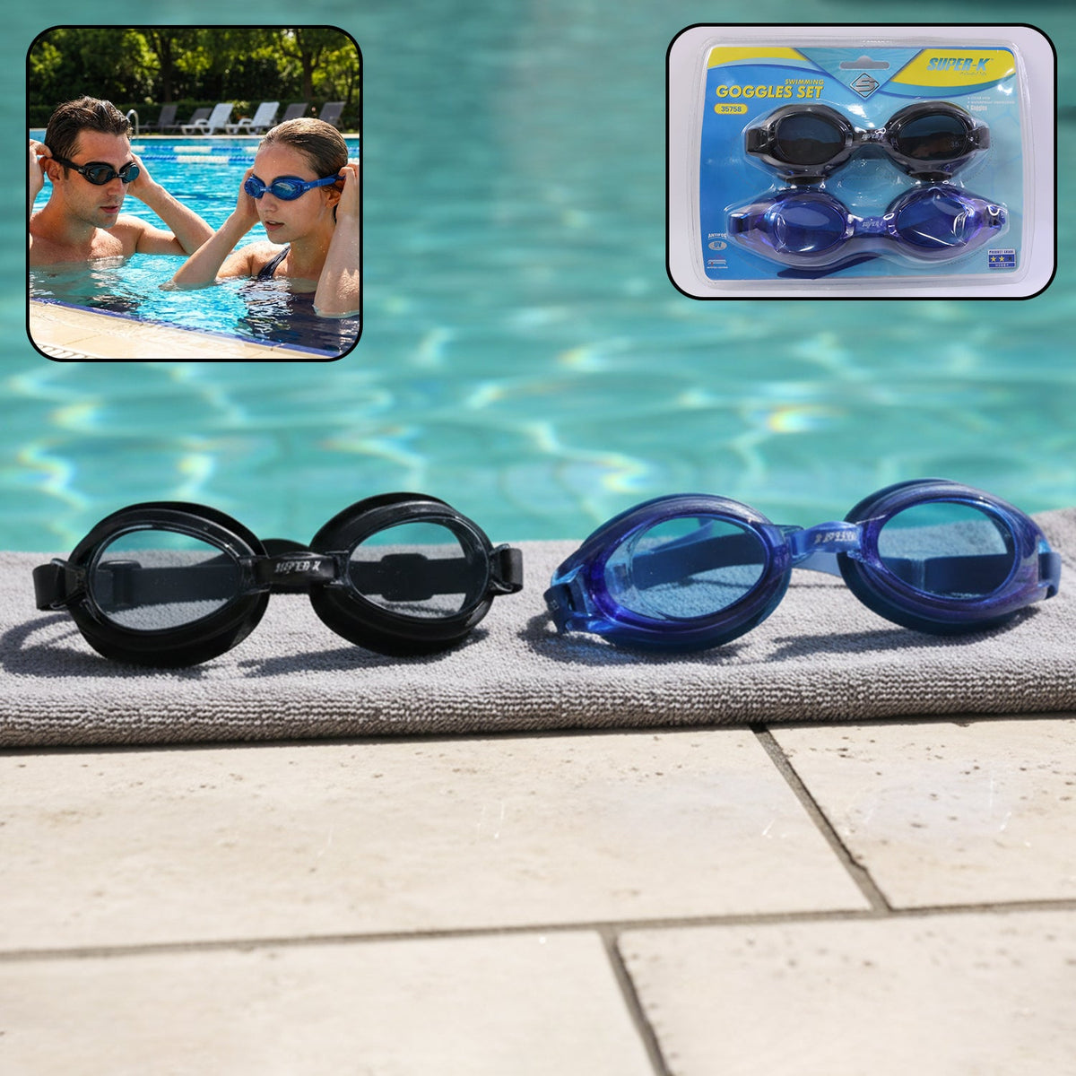 A man and a woman in a swimming pool, both wearing black and blue swimming goggles respectively, adjusting them.