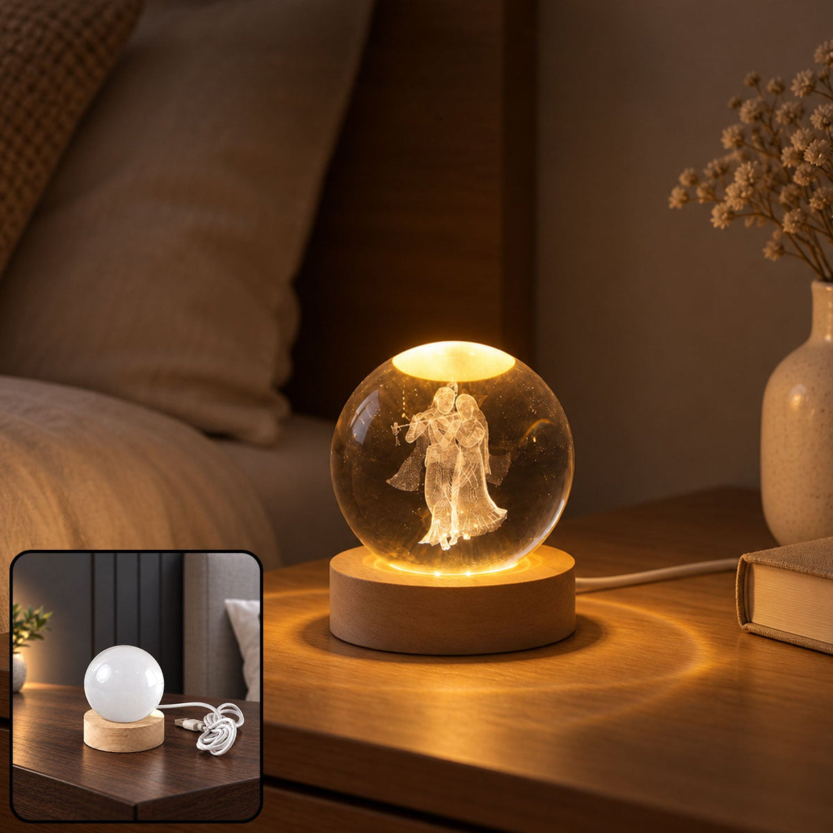 A glowing crystal ball with 3D Radha Krishna engraving sits on a wooden base on a bedside table.