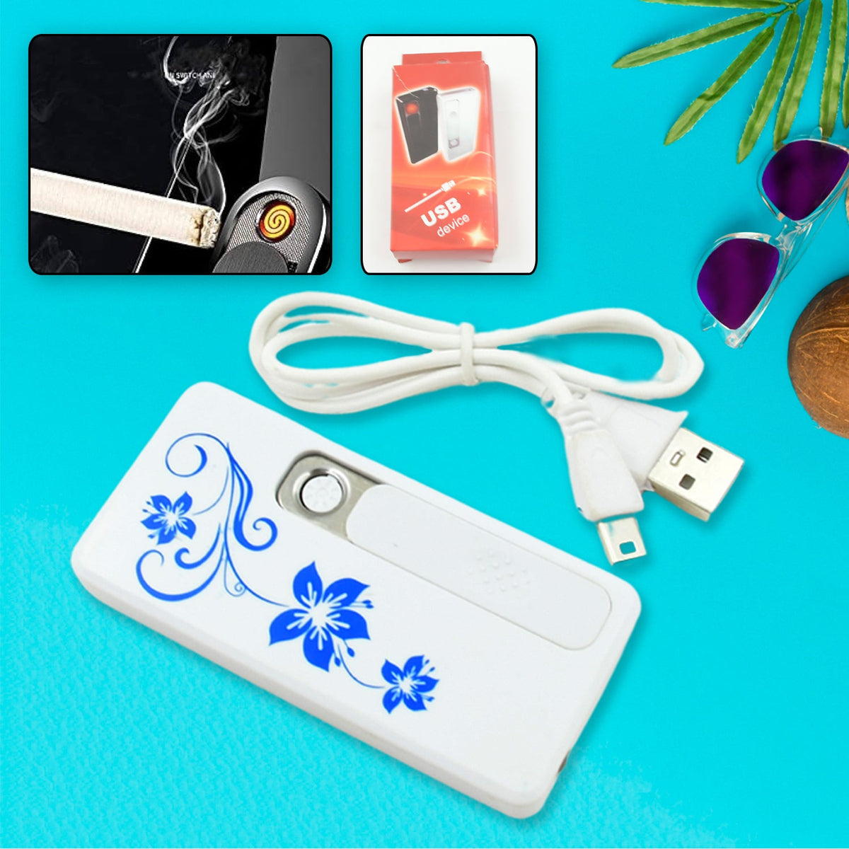 White USB lighter with blue floral pattern, a white USB cable, and product box on a blue background.