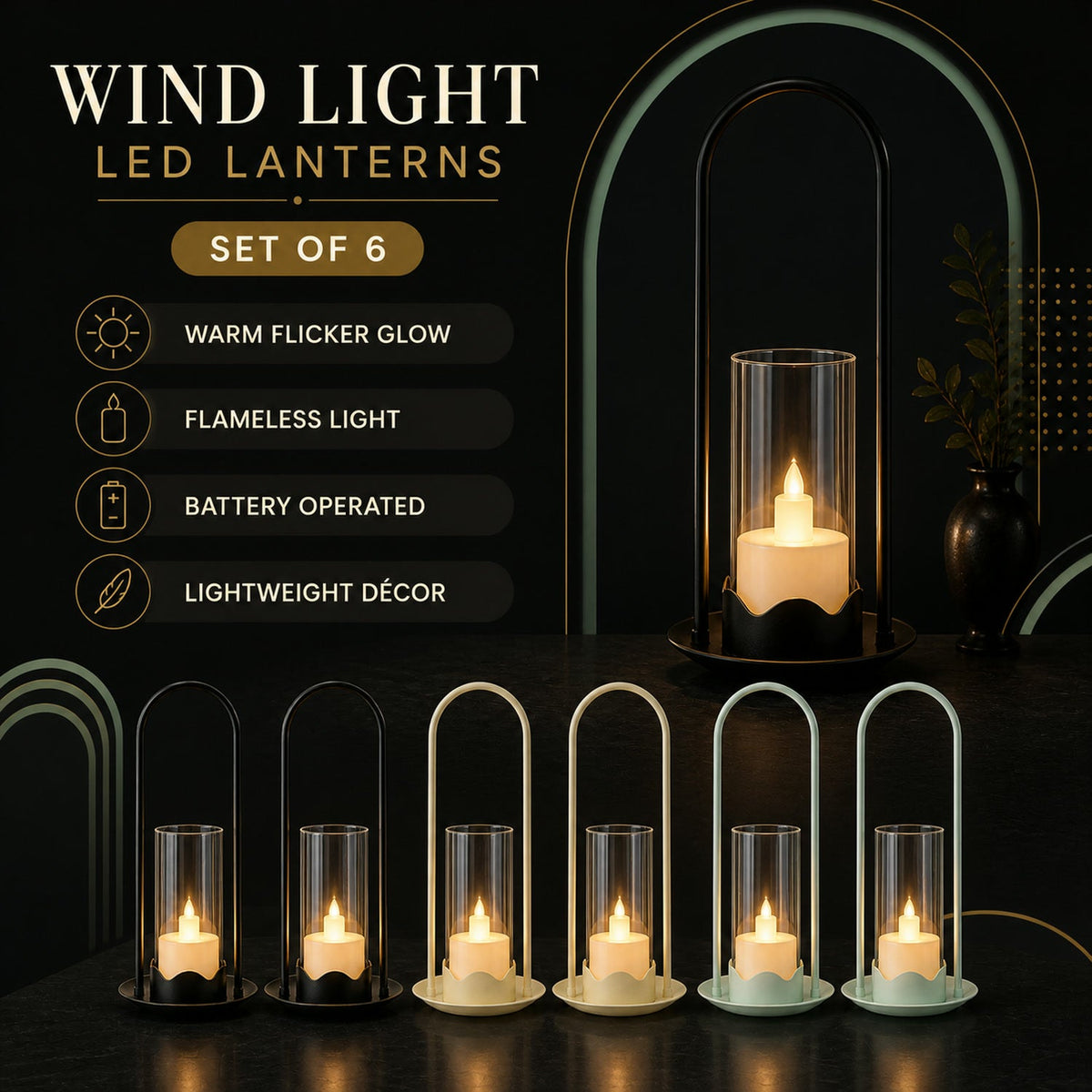 Promotional image for a set of six LED wind lanterns, displaying black, light yellow, and light green options with features