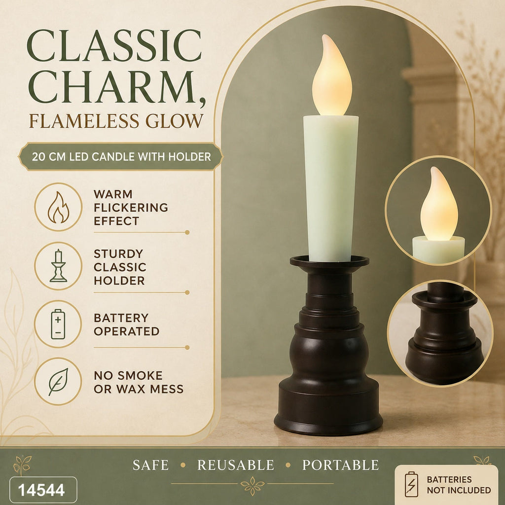An infographic showcasing the features of the 20cm LED candle with holder, including its classic charm.