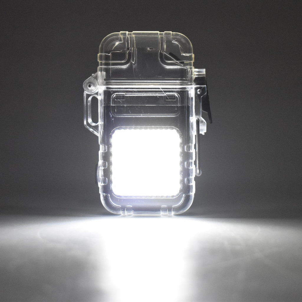 The clear waterproof electric lighter and flashlight illuminates a dark room with its bright white COB light.