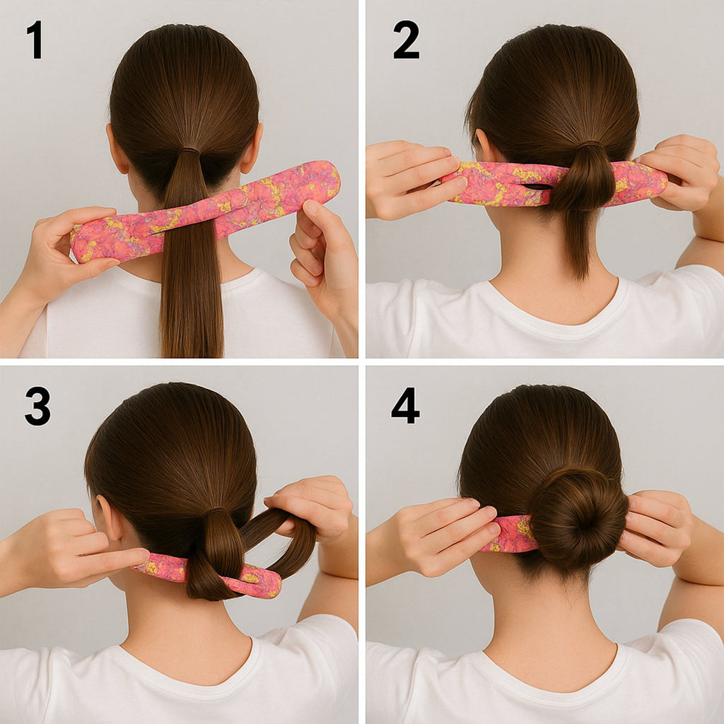 Four-panel image showing steps to use the floral bun maker to create a hair bun.