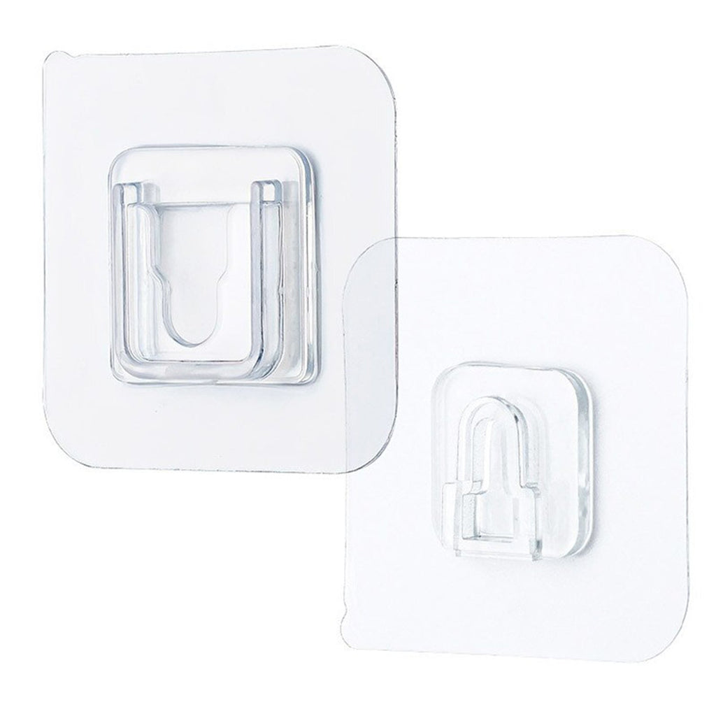 Two clear adhesive hooks, one slightly larger, are displayed against a white background.