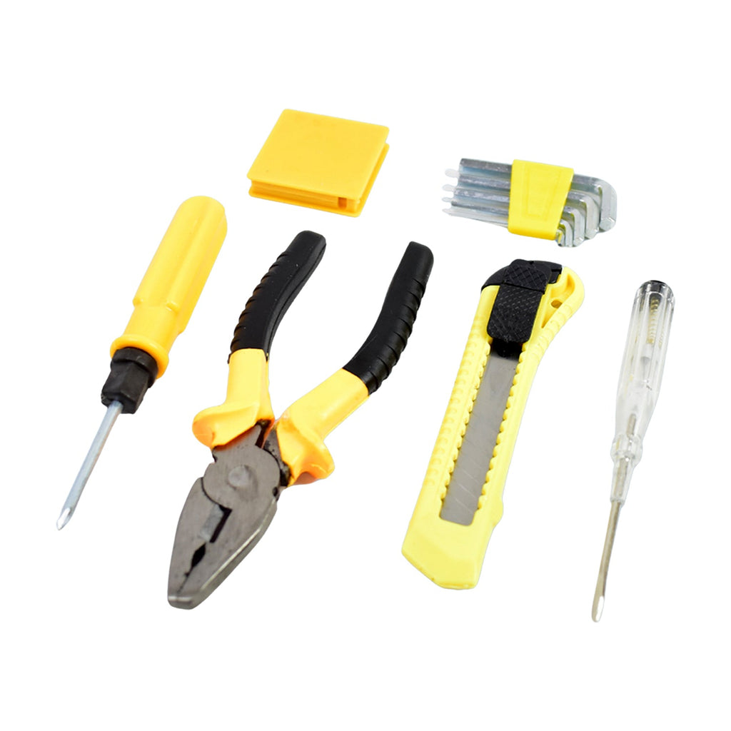 Six yellow and black tools, including a screwdriver, pliers, and a utility knife, arranged on a plain white background.