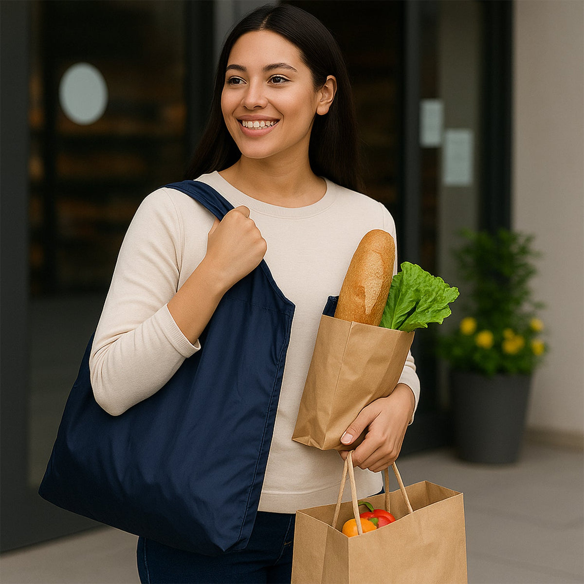A smiling woman carries a dark blue reusable shopping bag and two brown paper bags filled with groceries.
