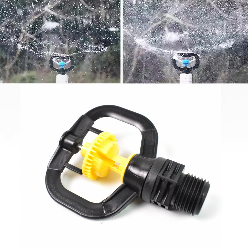 A black and yellow sprinkler nozzle with two inset images showing water spraying at different intensities.