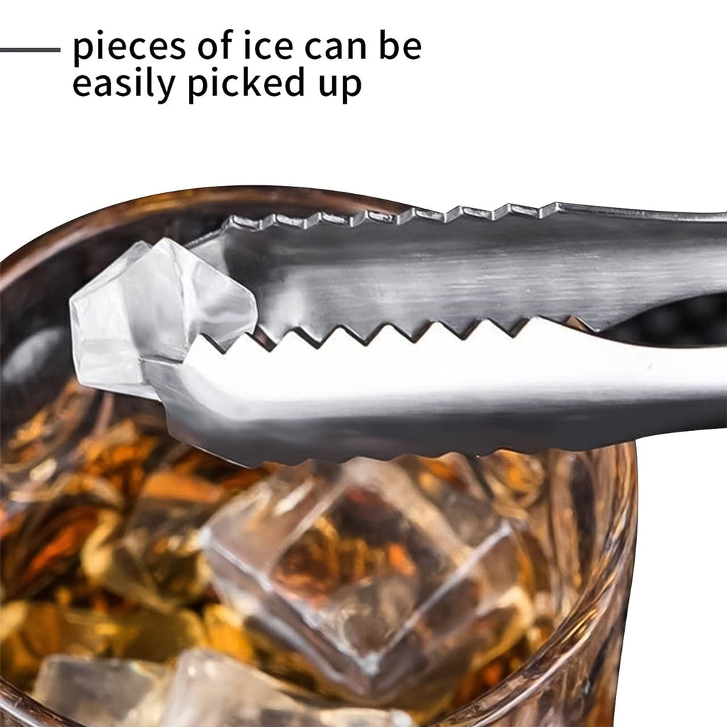 A close-up of a silver tong gripping an ice cube above a glass with more ice cubes.