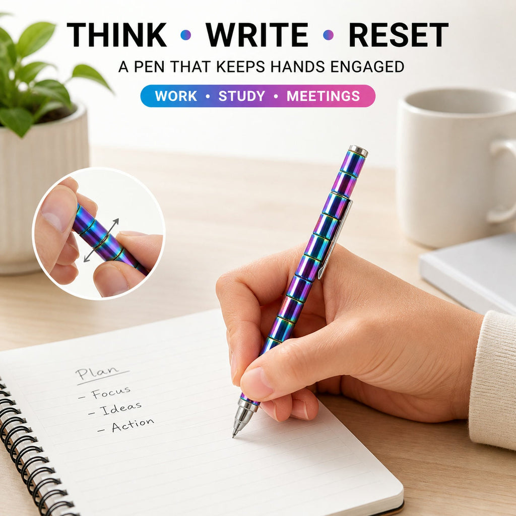 A hand writes in a notebook with a rainbow-colored magnetic fidget pen, with an inset showing the pen's fidget function.