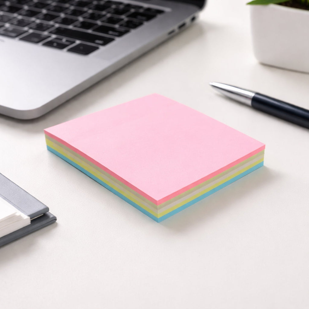 A stack of pink, yellow, and blue sticky notes on a white desk next to a laptop and a black pen.