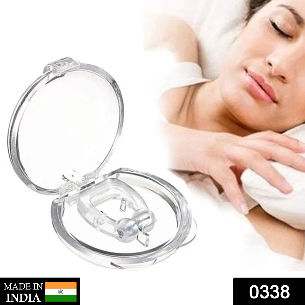 A clear anti-snoring nose clip in an open round plastic case, with a sleeping woman in the background.