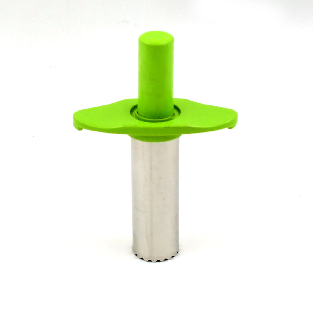 A green and silver chili corer stands upright on a plain white background, showing its serrated edge.