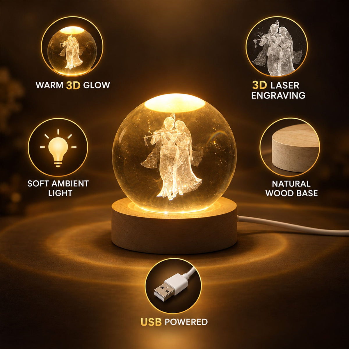 A glowing crystal ball lamp with Radha Krishna engraving, highlighting its features like 3D glow and USB power.