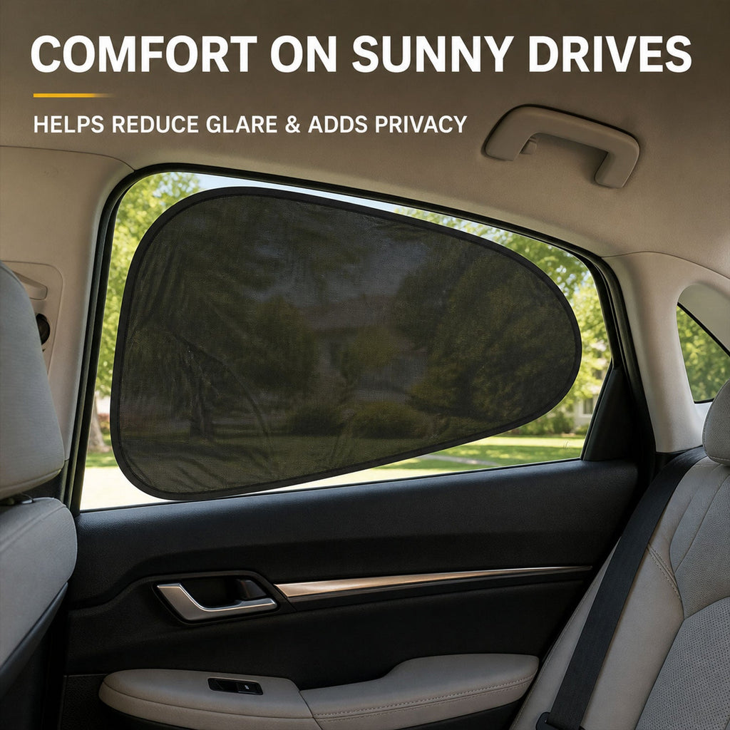 Black mesh sun shade on a car window with text describing comfort, glare reduction, and privacy benefits.