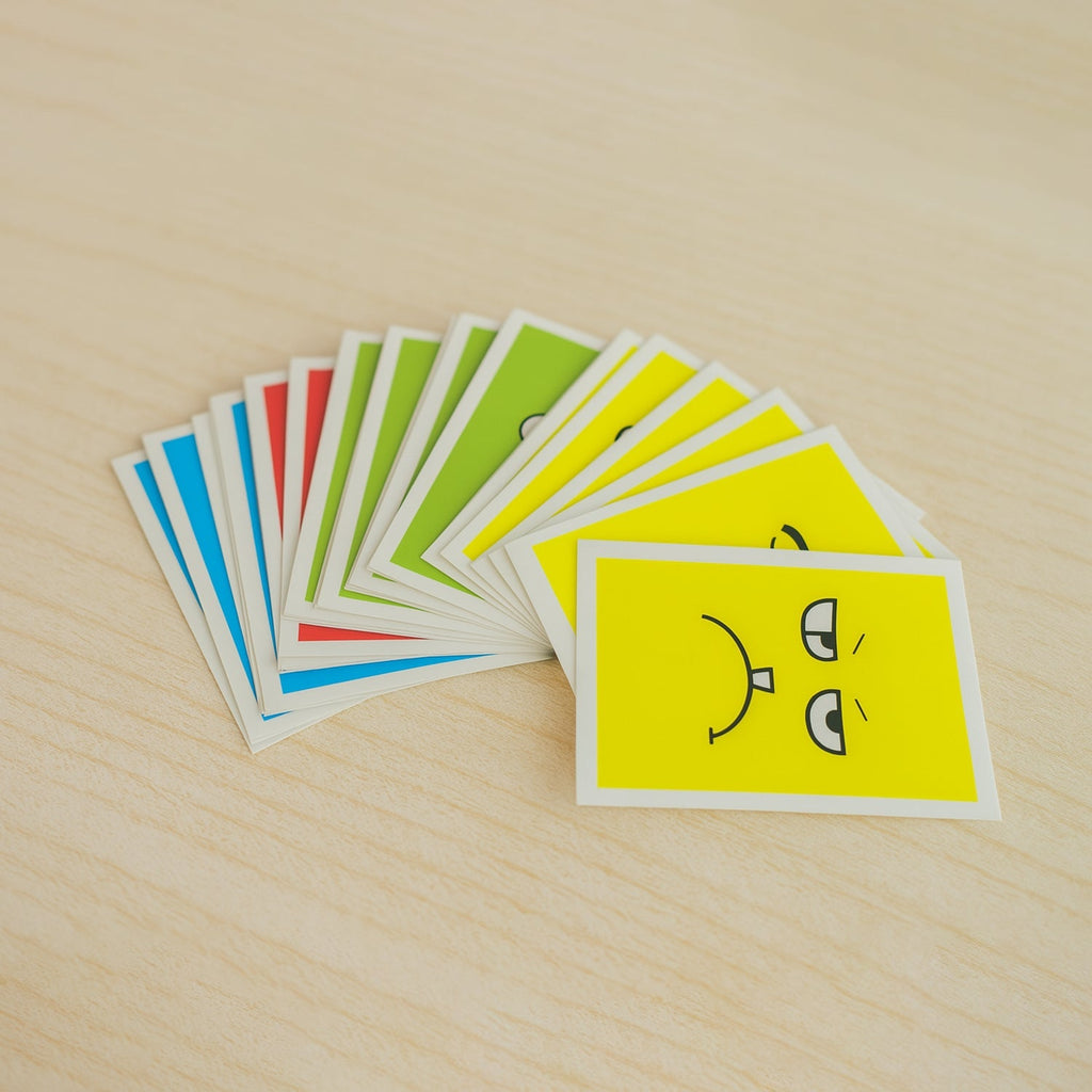 A fan of colorful cards, each depicting a different facial expression, is spread out on a light wooden surface.