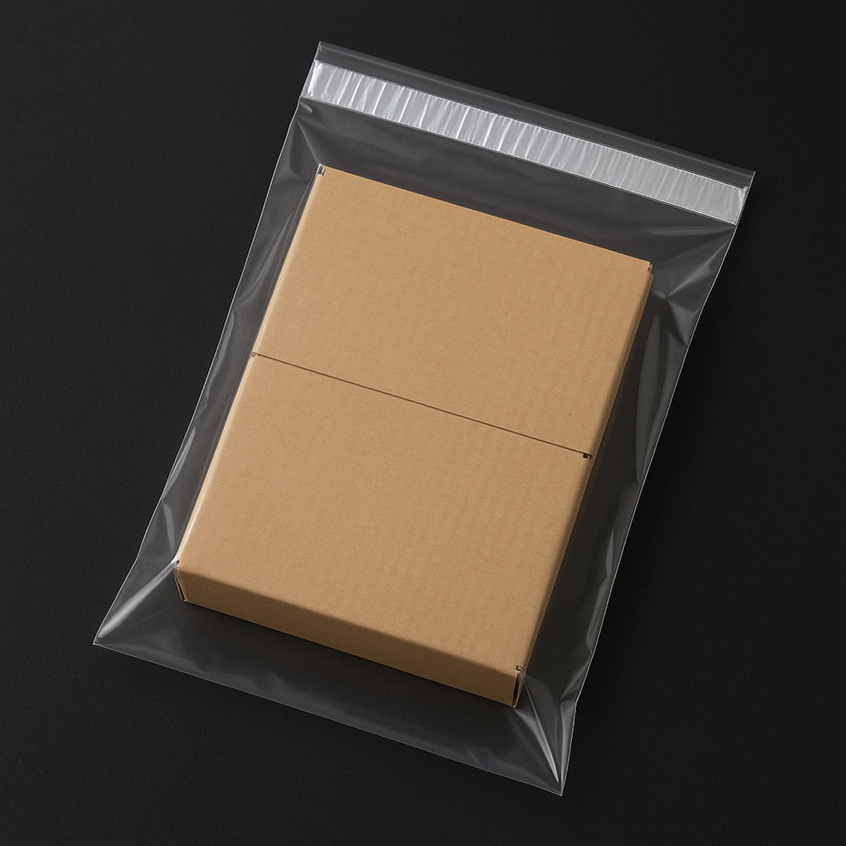 A brown cardboard box inside a clear polybag with a white adhesive strip, on a dark background.
