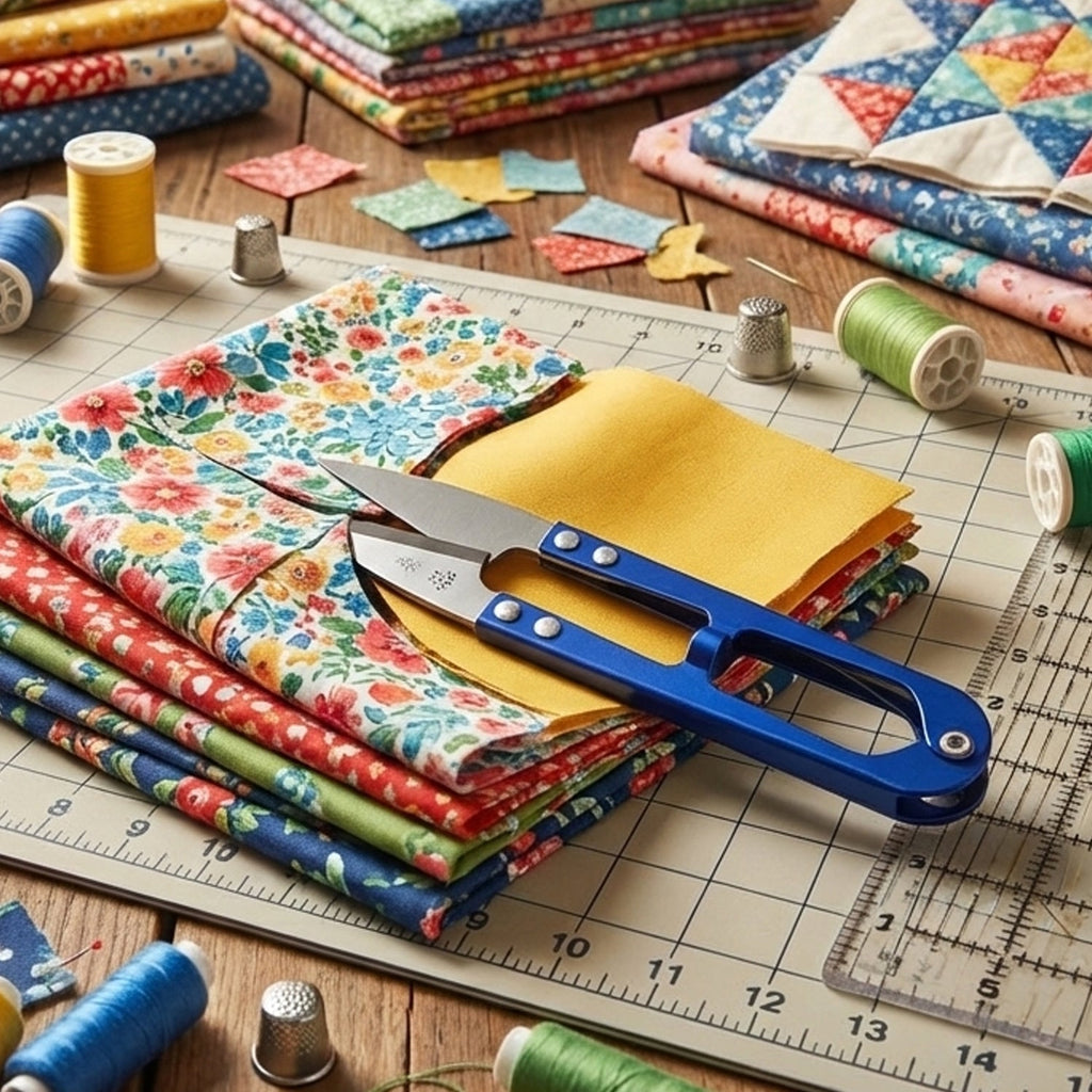 Blue thread snips on a stack of patterned fabric squares on a cutting mat, surrounded by spools of thread and thimbles.