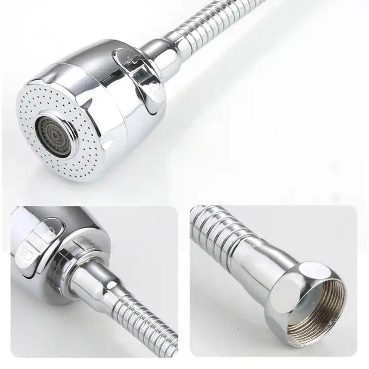 Three close-up views of the chrome flexible faucet extension show the sprayer head, the connection, and the threaded base.
