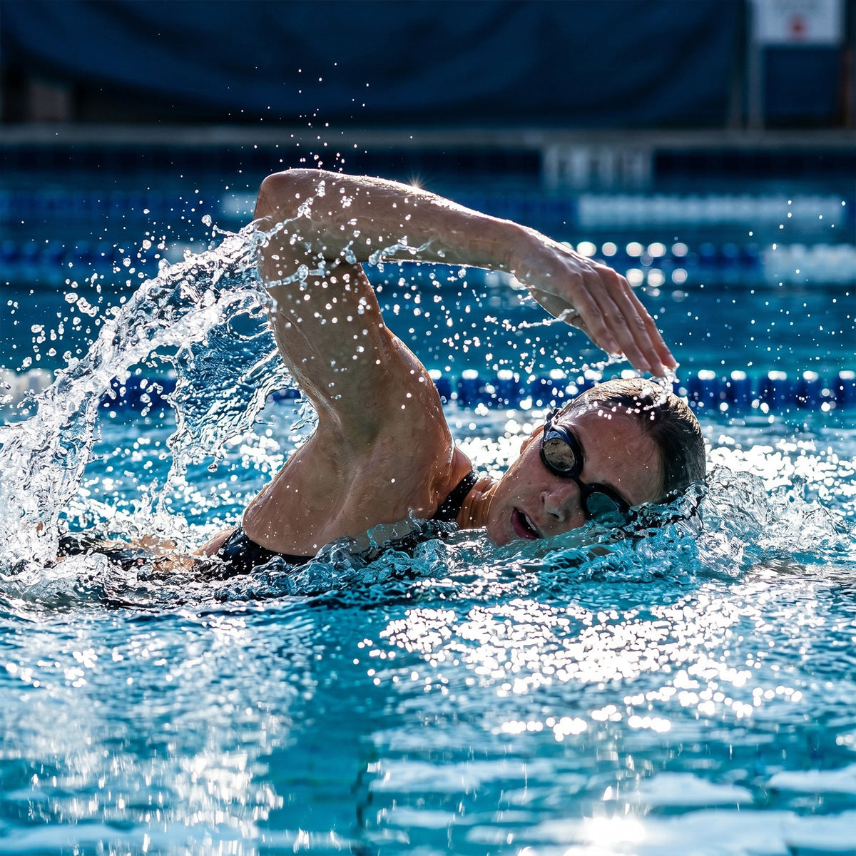 A woman with dark hair swims freestyle in a pool, wearing black goggles with water splashing around her.