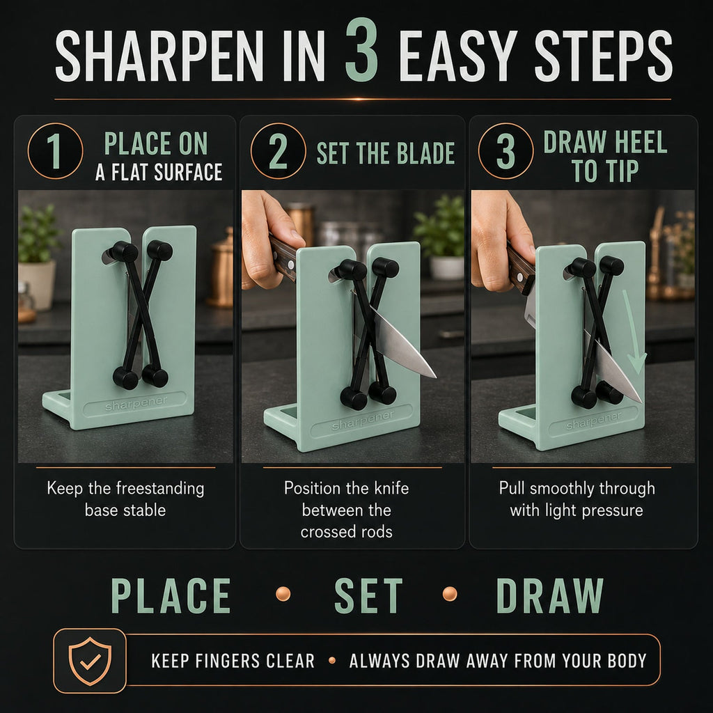 A graphic illustrating three easy steps to sharpen a knife using the mint green X-rod sharpener.