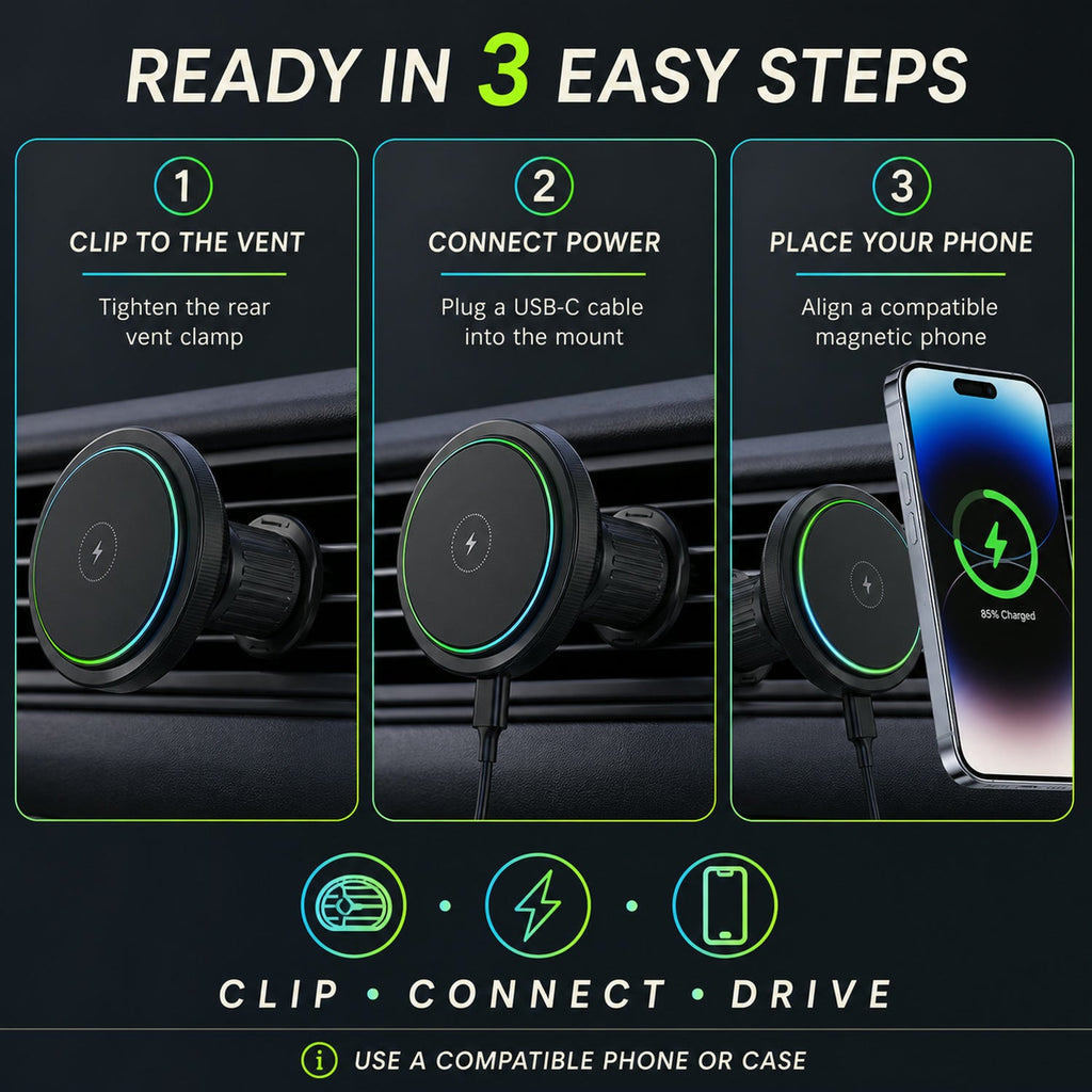An infographic showing three steps to install and use the magnetic wireless car charger with RGB lights in a car.