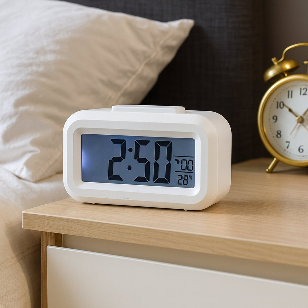 A white digital clock on a bedside table displays 2:50 and 28 degrees Celsius, next to a gold analog clock.