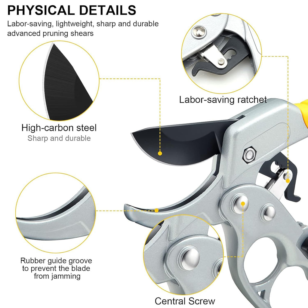 Close-up views of the silver and yellow pruning shears with details on high-carbon steel and ratchet mechanism.