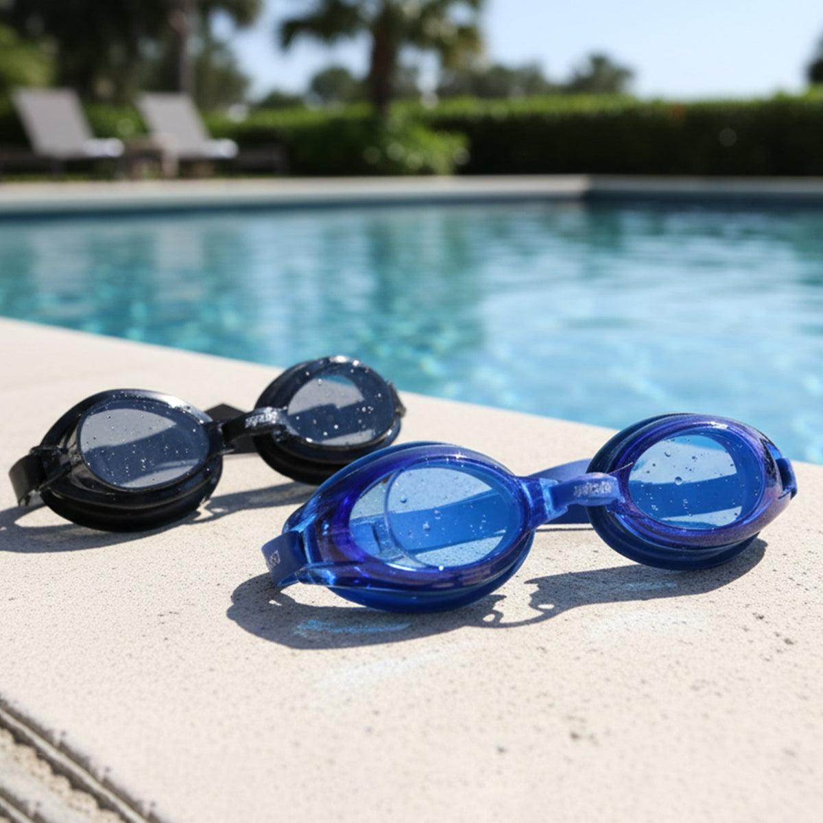 Two pairs of swimming goggles, one black and one blue, with clear lenses, displayed side-by-side on a white background.