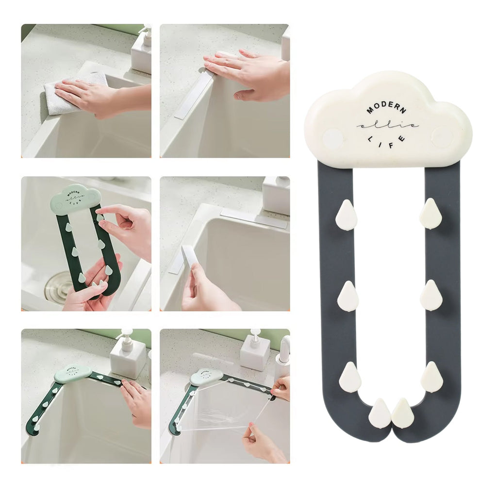 A white cloud-shaped holder with dark grey rain-like arms and white raindrop hooks. A grid of small images shows the holder