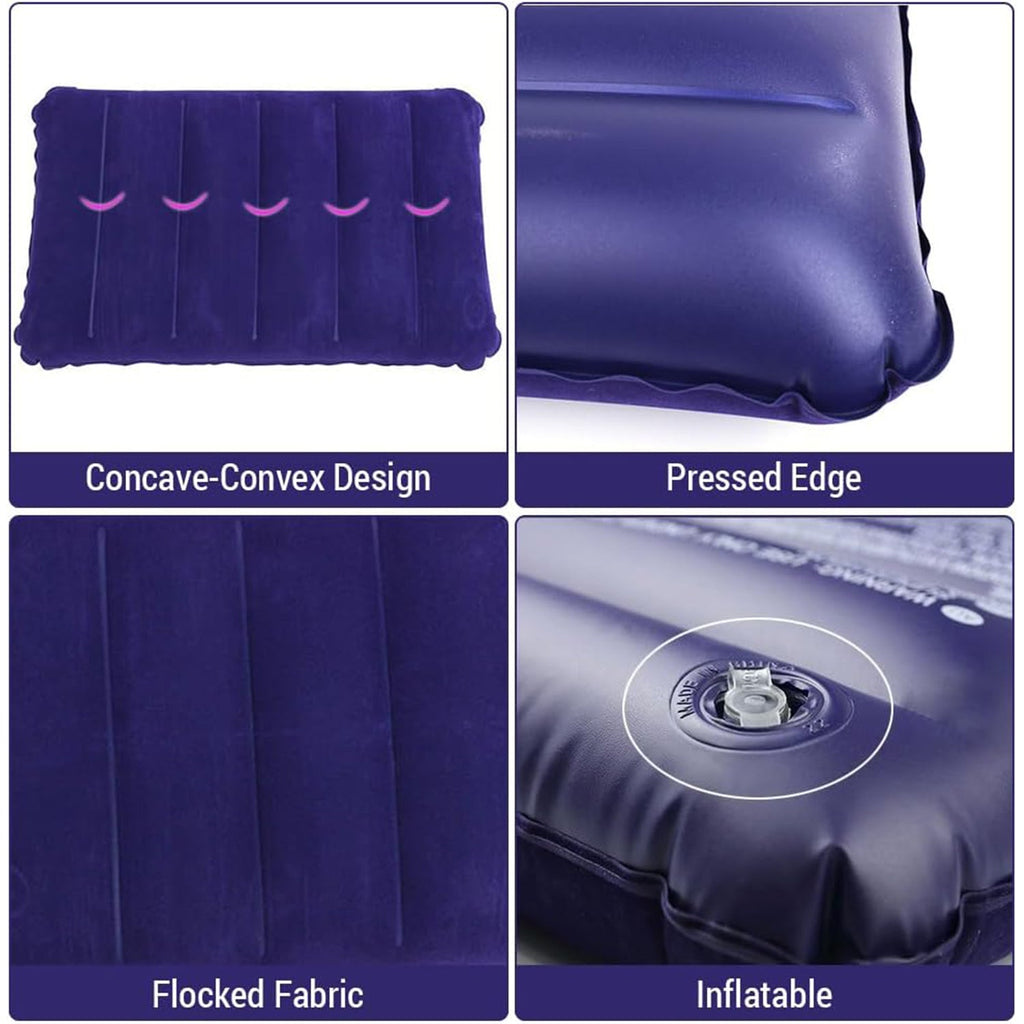 A four-panel image highlights the blue inflatable pillow's concave-convex design, pressed edge, flocked fabric, and valve.