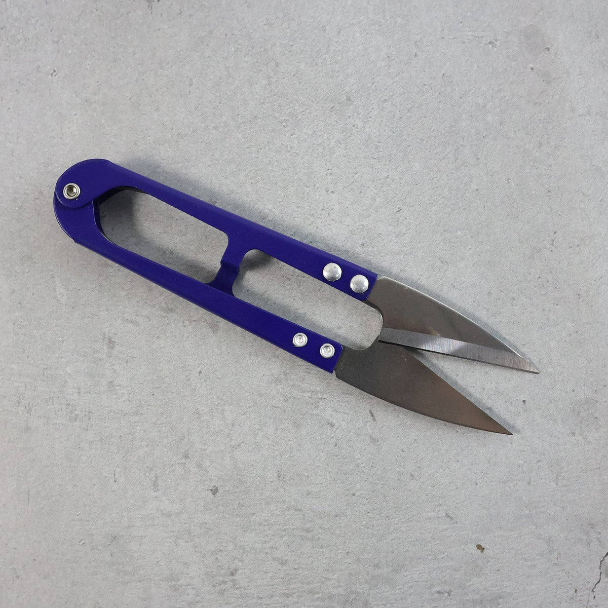 A pair of blue handle thread snips with silver blades lies on a gray concrete surface.