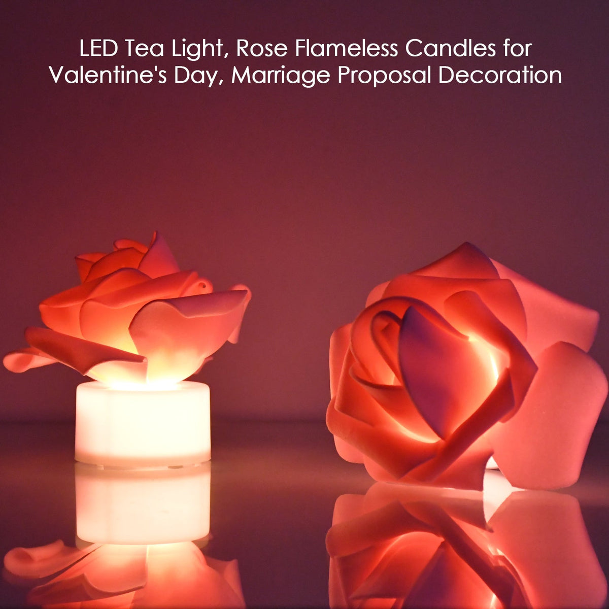 Two glowing pink LED rose tea lights reflected on a surface, with text overlay about Valentine's Day decoration.