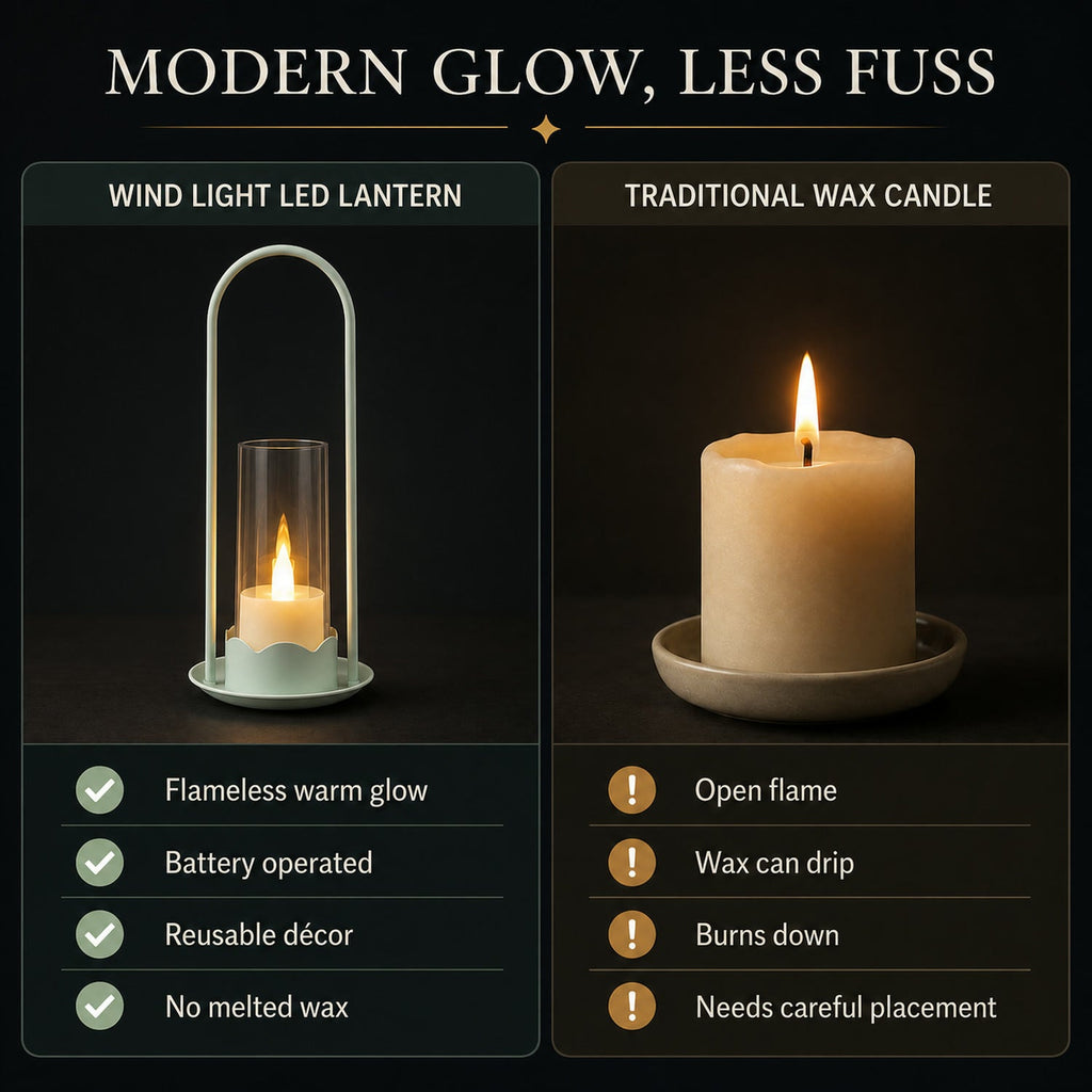 Comparison graphic showing a light green LED wind lantern next to a traditional wax candle, highlighting benefits of the LED