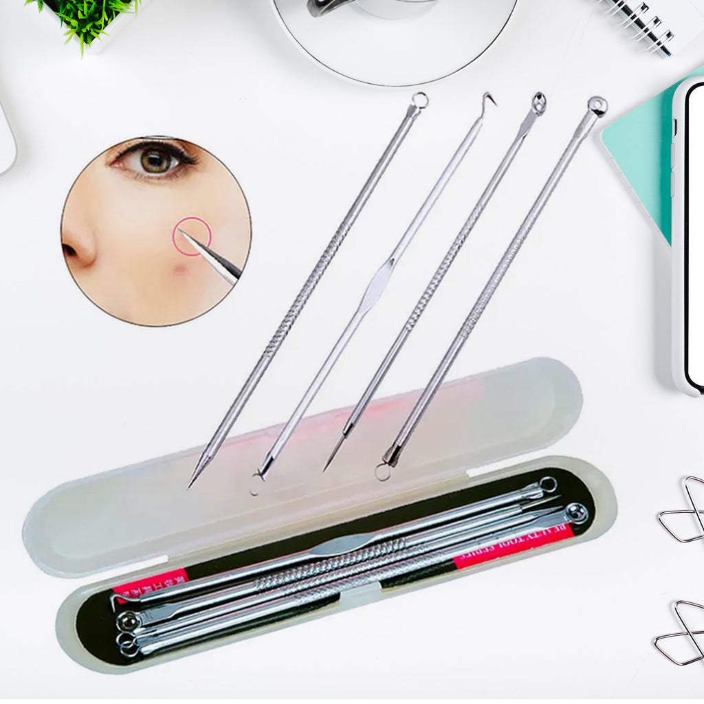 Four stainless steel blackhead remover tools are shown with their case open on a white desk, with an inset of a tool on a