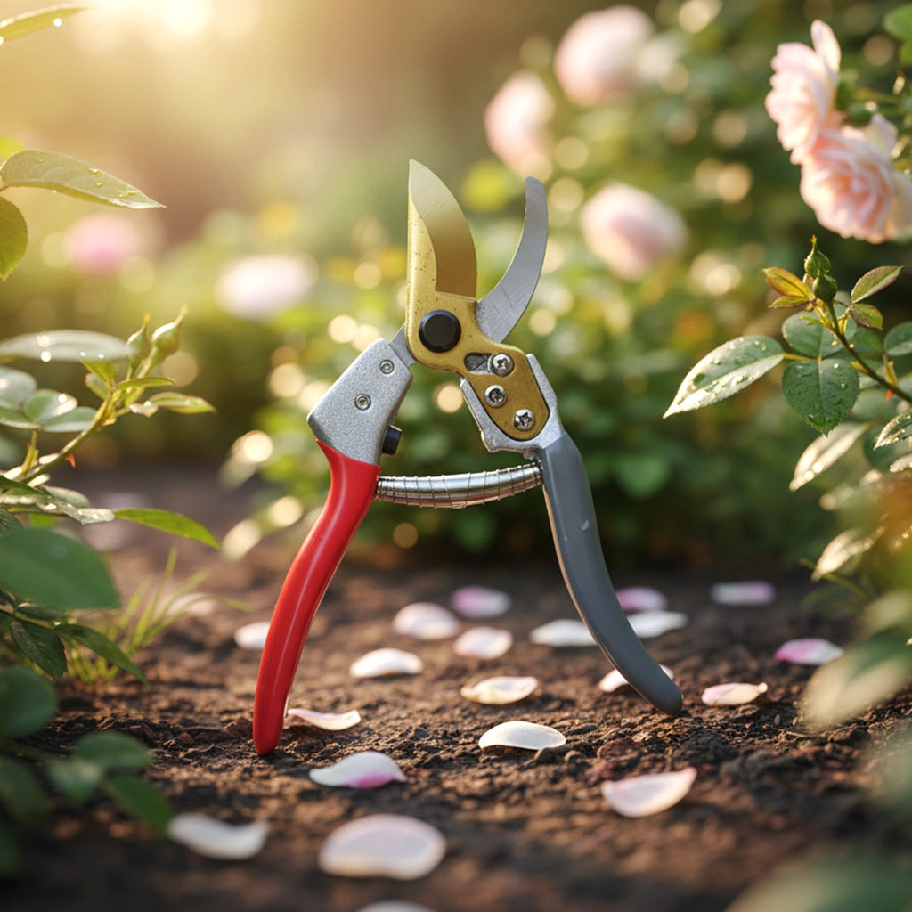 Red and grey garden shears with gold blades standing upright in soft soil amidst fallen rose petals and green foliage.