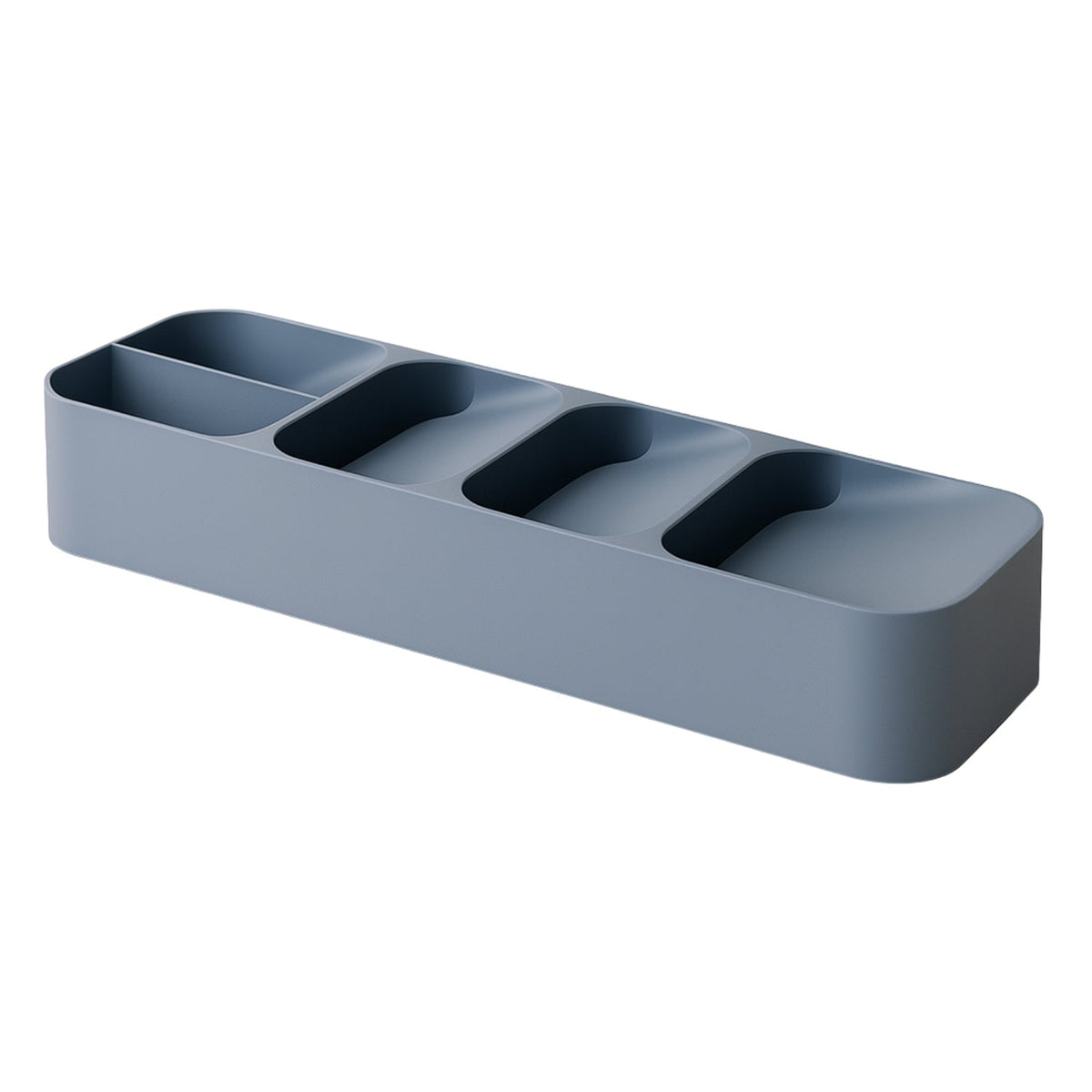 A single gray plastic cutlery organizer with five compartments is shown on a pure white background.