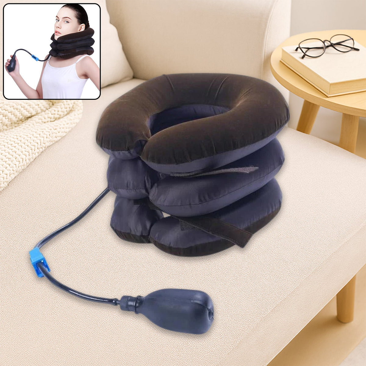 A three-tier inflatable neck traction device with a hand pump on a cream-colored couch, with an inset of a woman wearing it.