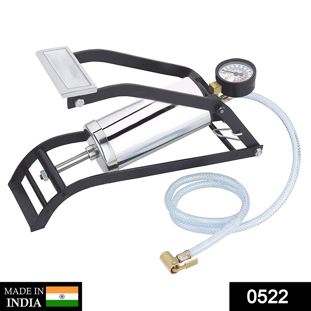 A black and silver foot pump with a pressure gauge and a clear hose is displayed on a white background.