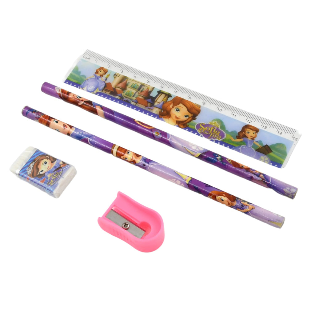 A Sofia the First themed stationery set featuring two purple pencils, a ruler, an eraser, and a pink sharpener on a white