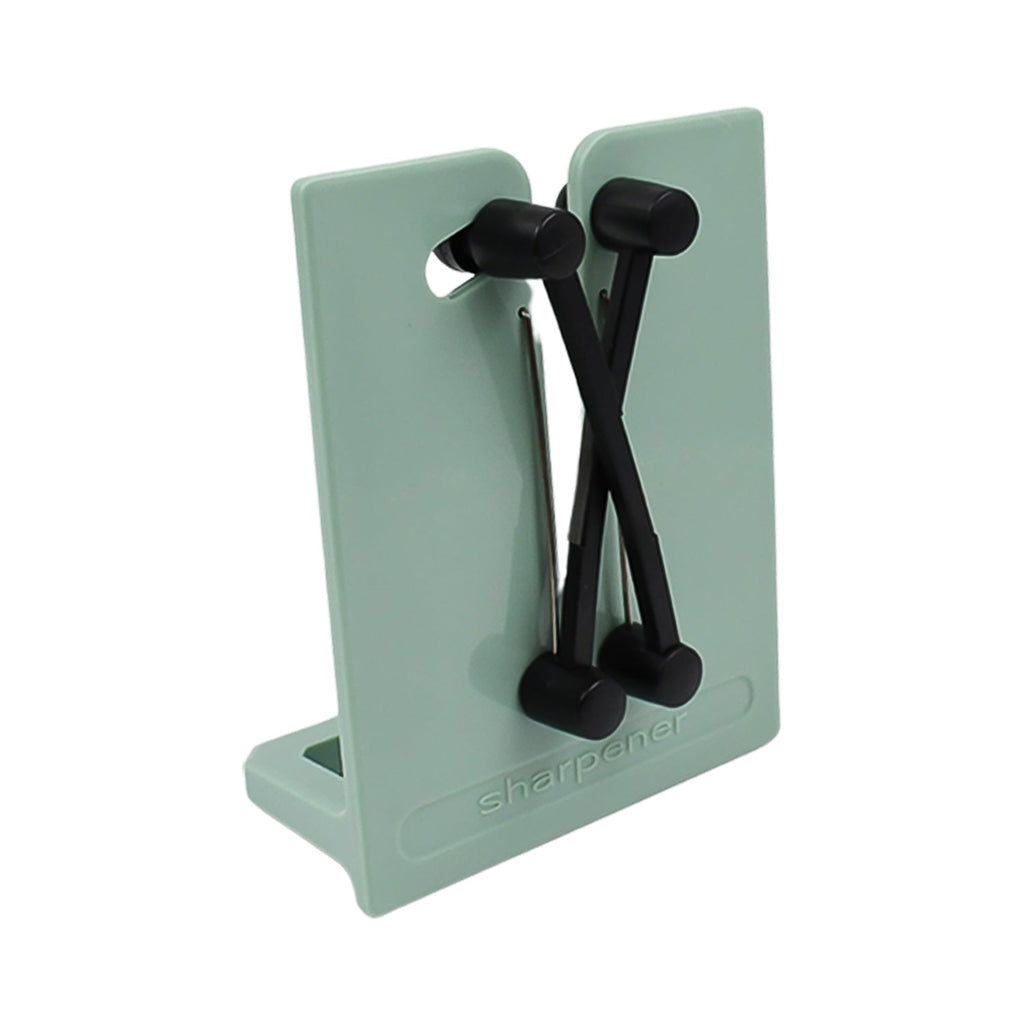 A mint green X-rod knife sharpener with black rods on a white background.
