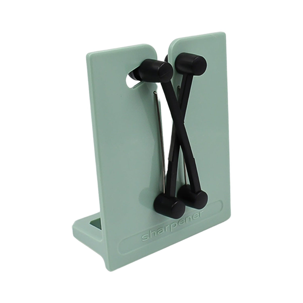 A mint green X-rod knife sharpener with black rods on a white background.