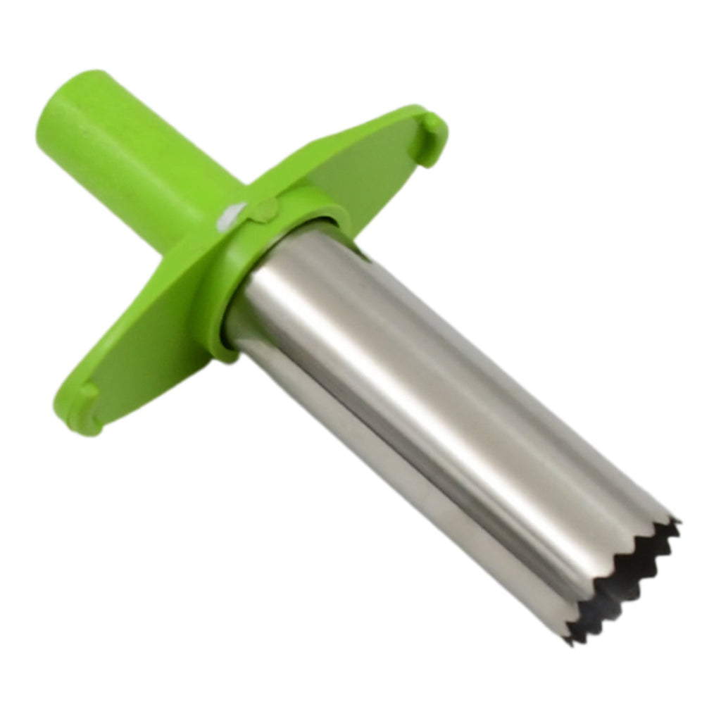A green and silver chili corer is angled on a white background, highlighting its shiny stainless steel tube.