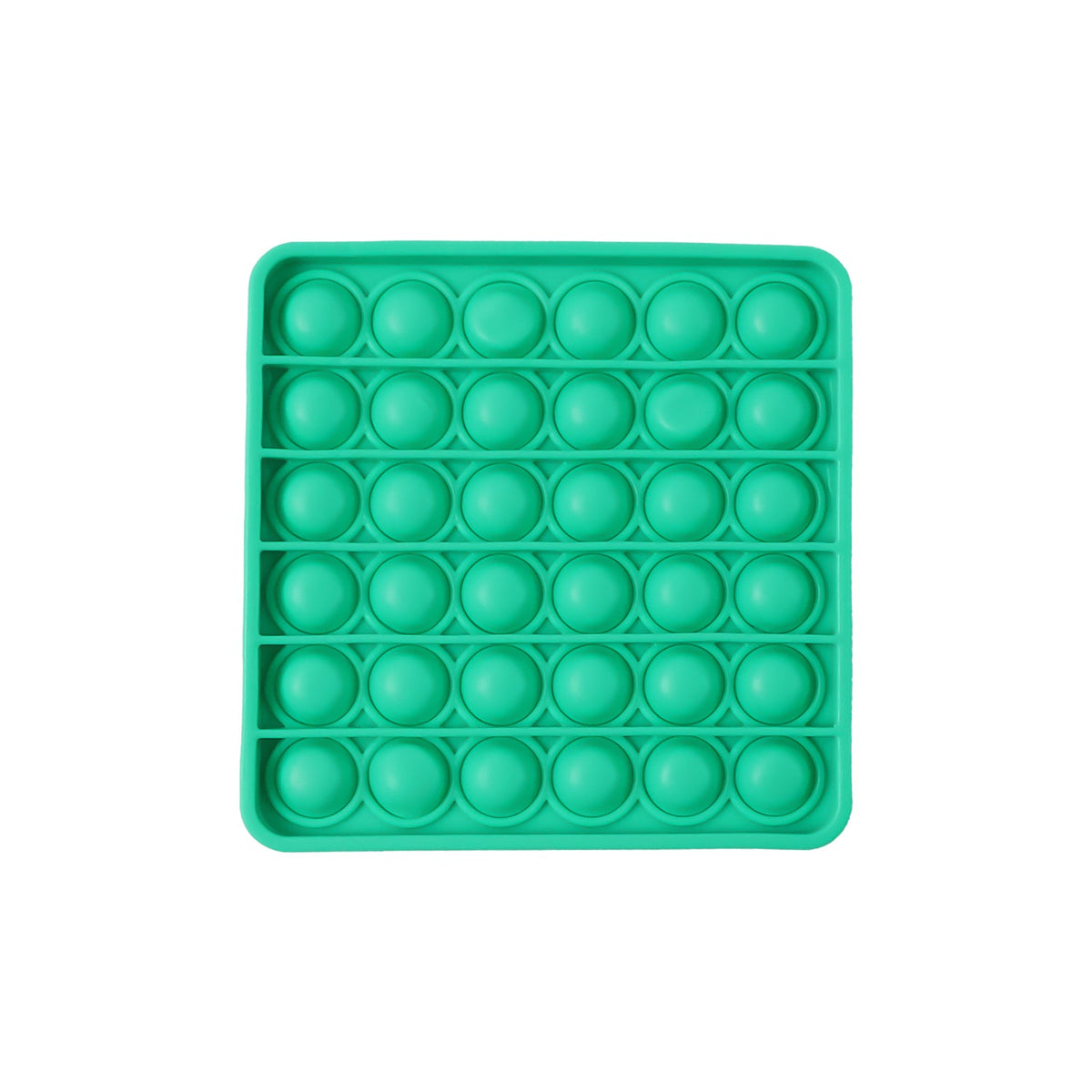 A standalone image of a square green silicone pop-it fidget toy on a white background.