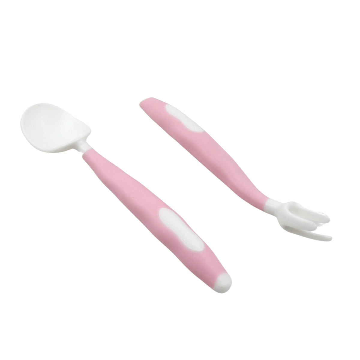 A pink and white baby spoon and fork set with bendable handles on a plain white background.