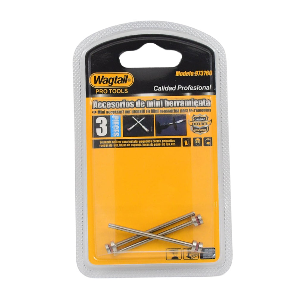 A clear plastic blister pack with a yellow card displays three silver mandrels with red bands, against a white background.