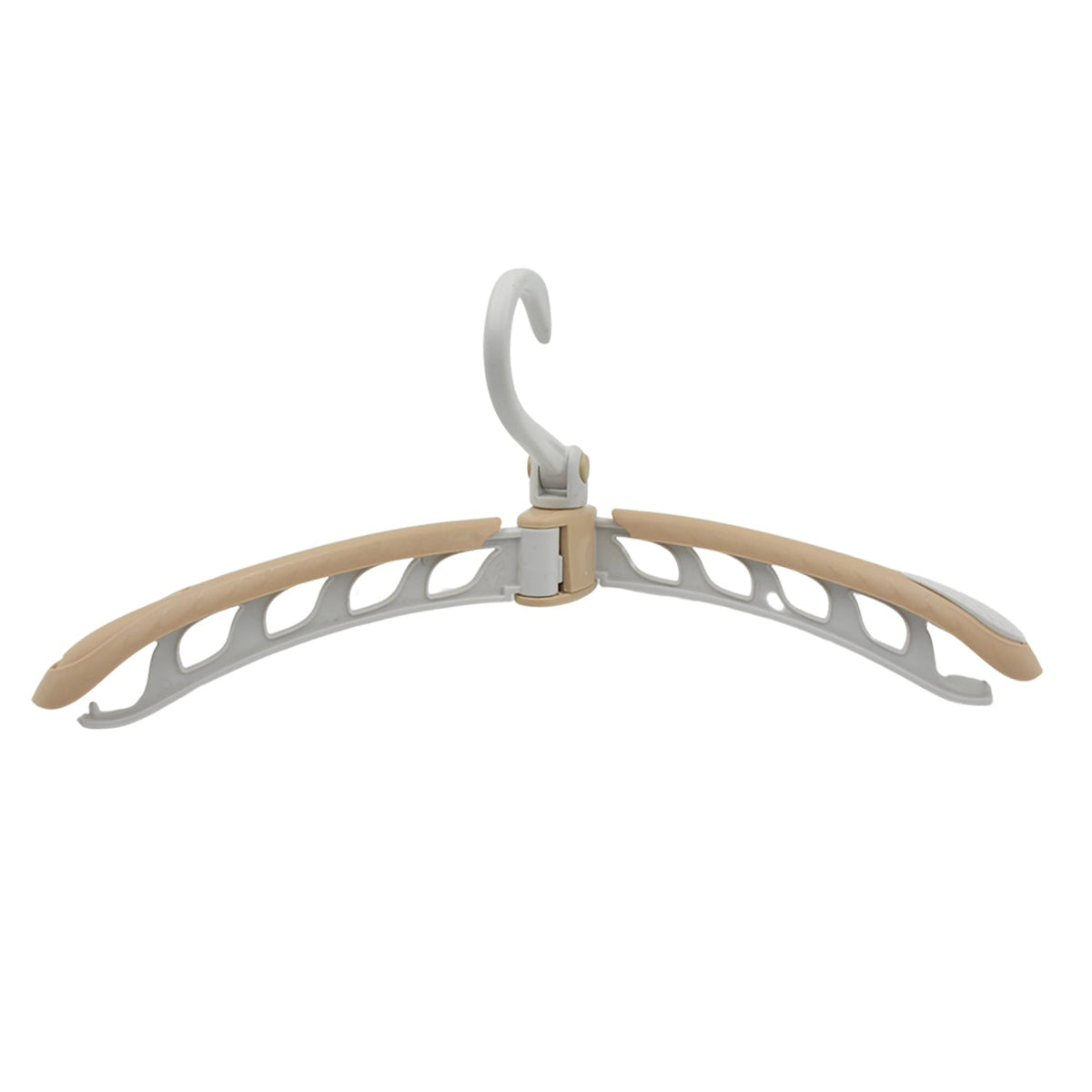 A beige and white folding hanger with a swivel hook on a plain white background.