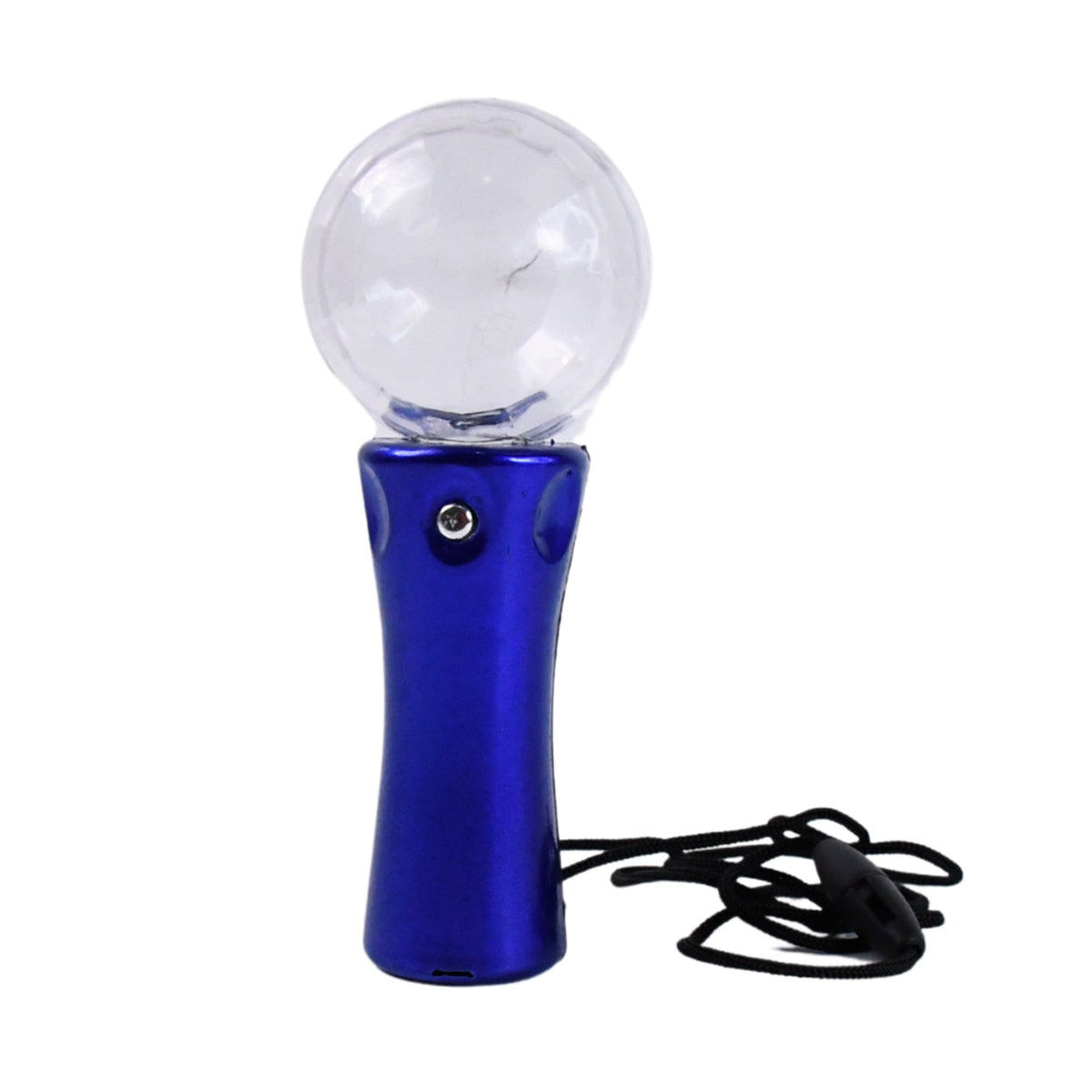Blue disco ball light wand with a black lanyard, standing upright on a plain white background.