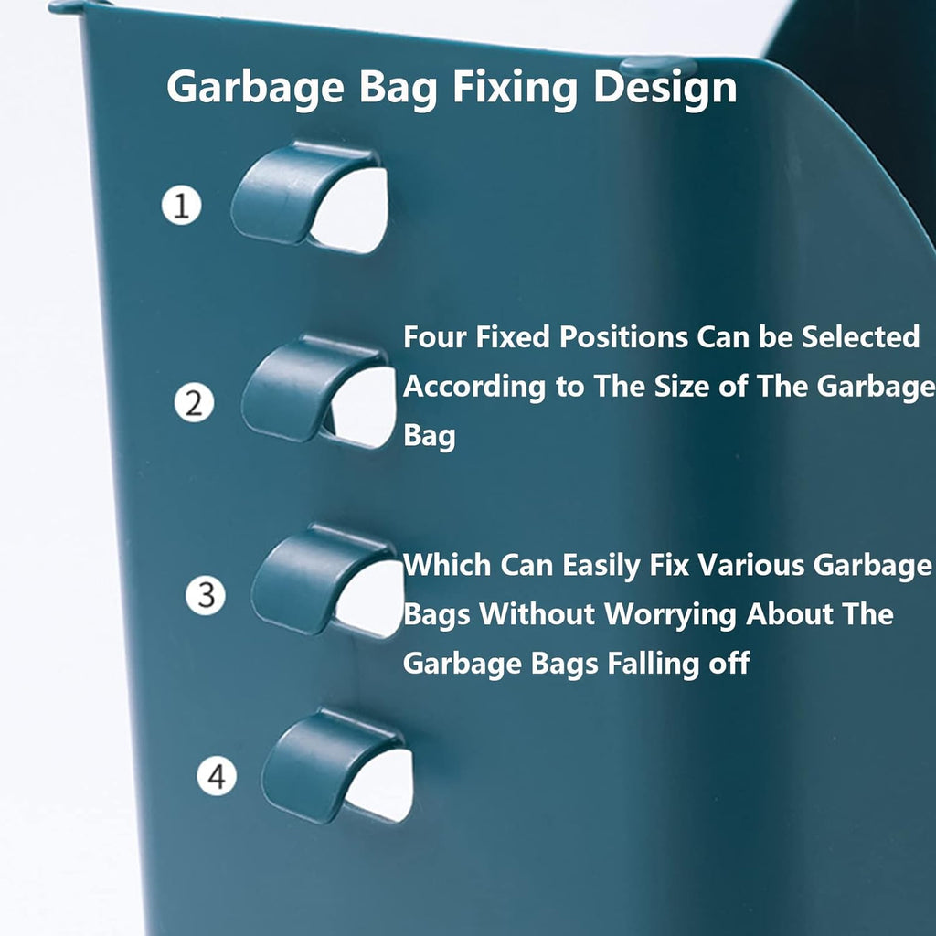 A close-up of the teal holder shows four numbered clips for fixing garbage bags.